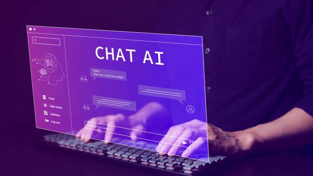 A person typing on a keyboard with a glowing purple "CHAT AI" interface overlay, representing AI-driven digital marketing solutions by Market Nova Digital.